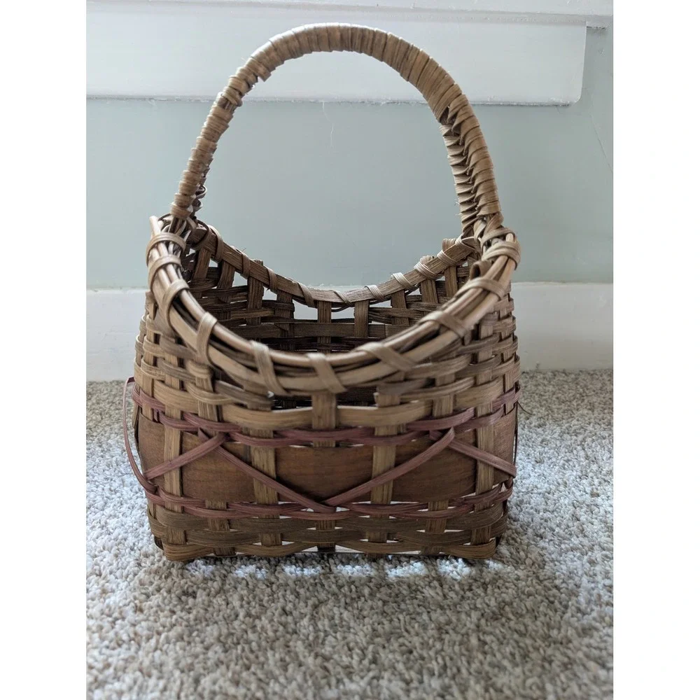 Woven Splint Wood Basket Small Brown Red Good Rustic Farmhouse Cottagecore